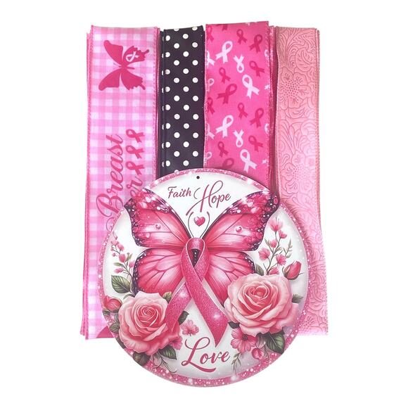Breast Cancer Awareness Wreath Kit | Pink Ribbon Sign & Ribbon Bundle DIY Wreath - Picture 1 of 4